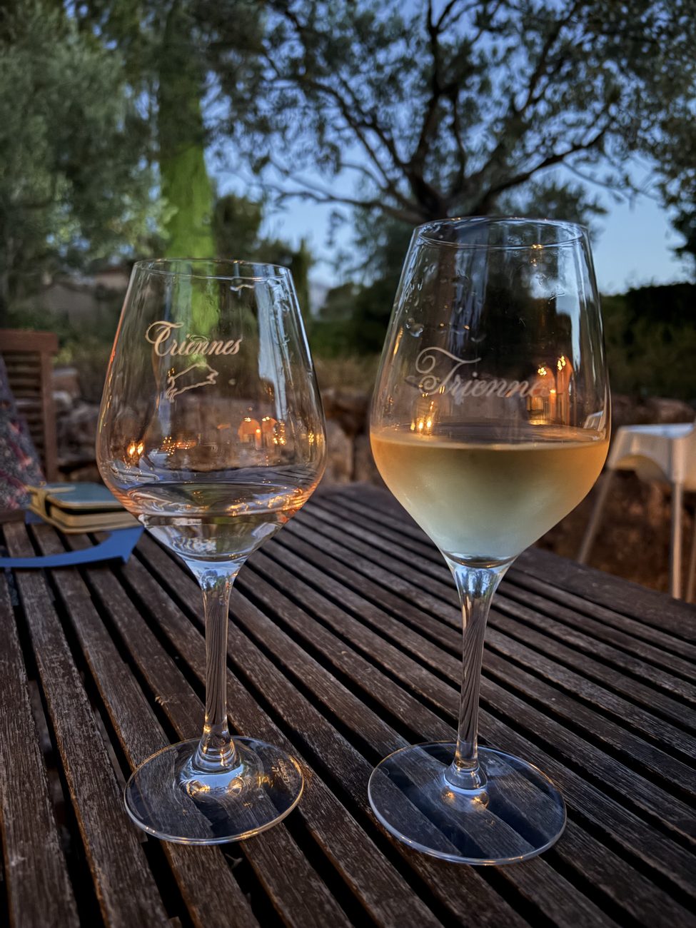 Glazen rosé op een terras bij een wijndomein in de buurt van Nans-les-Pins in de zomer